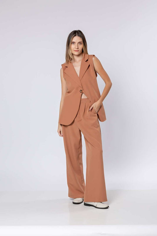 Conj Calça Pantalona + Colete Alongado Nude