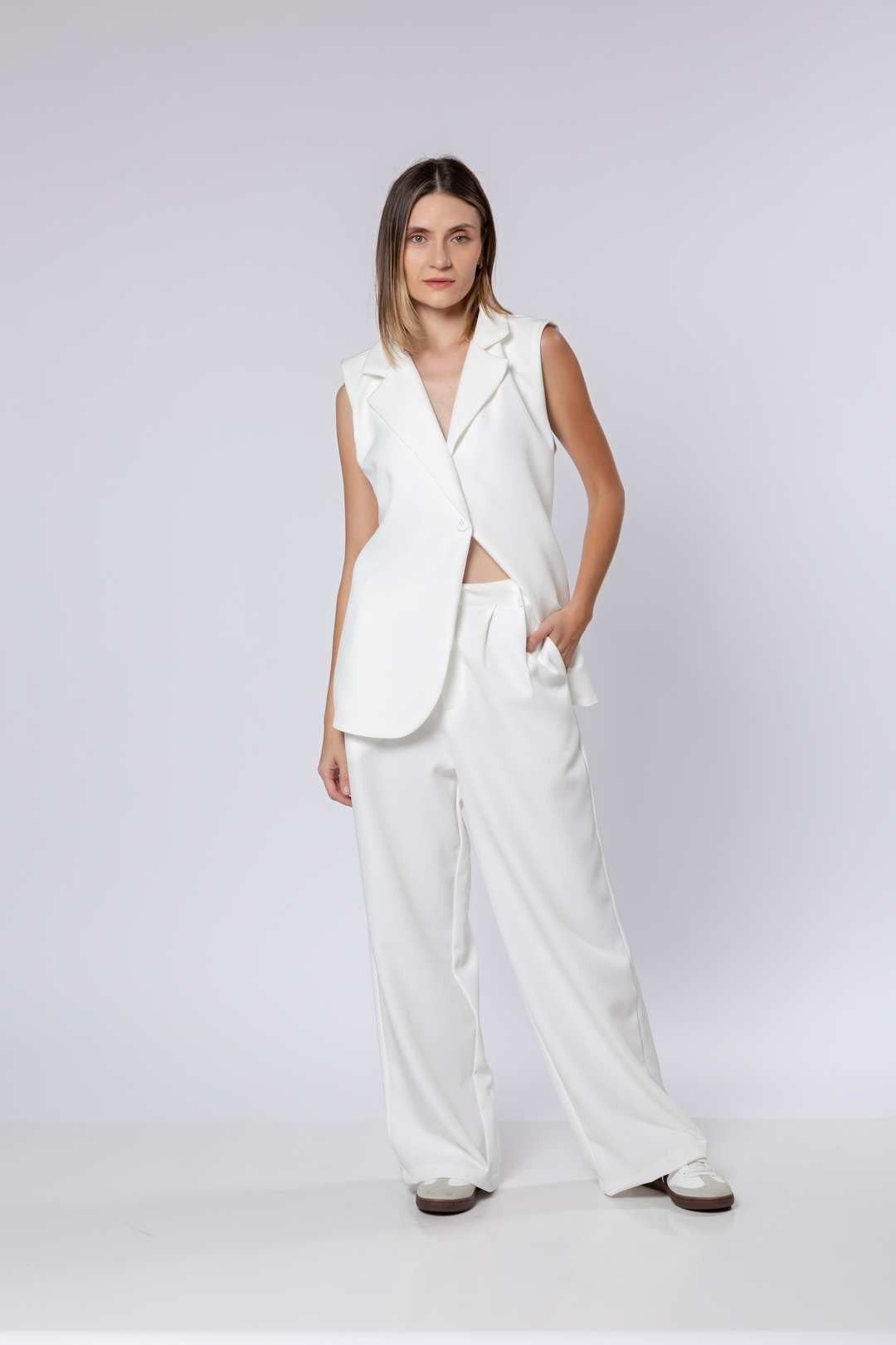 Conj Calça Pantalona + Colete Alongado Off White