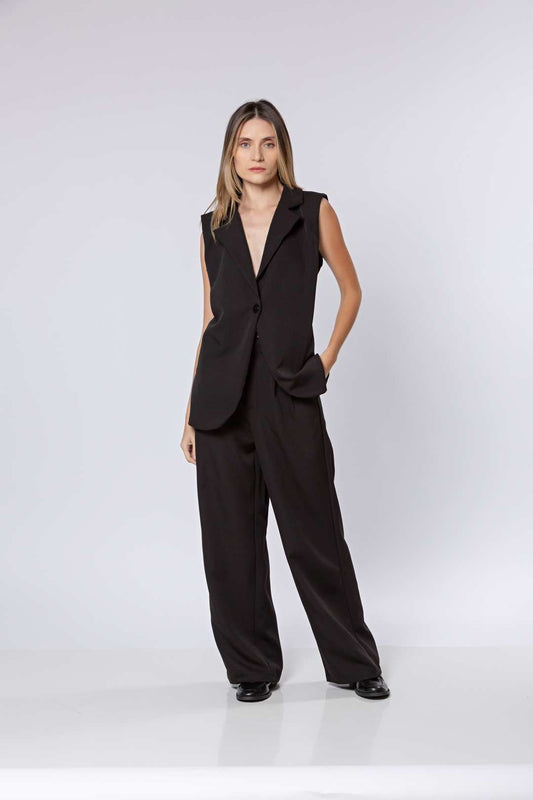Conj Calça Pantalona + Colete Alongado Preto