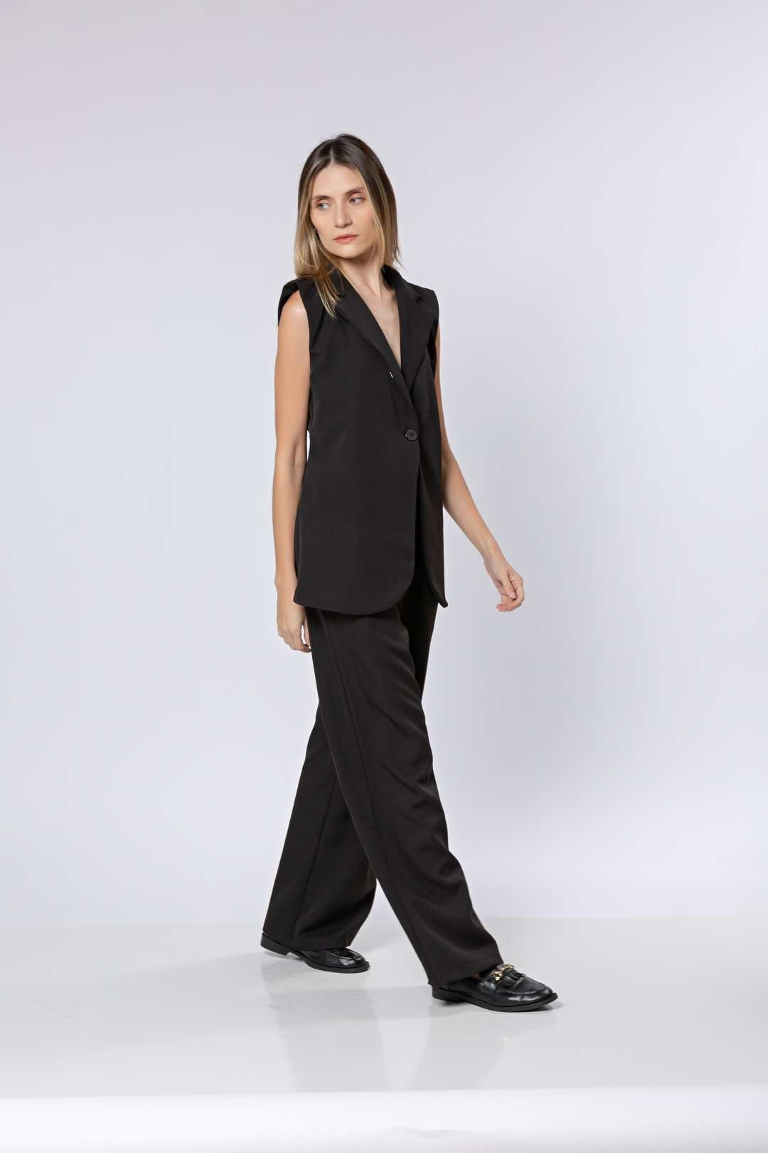 Conj Calça Pantalona + Colete Alongado Preto
