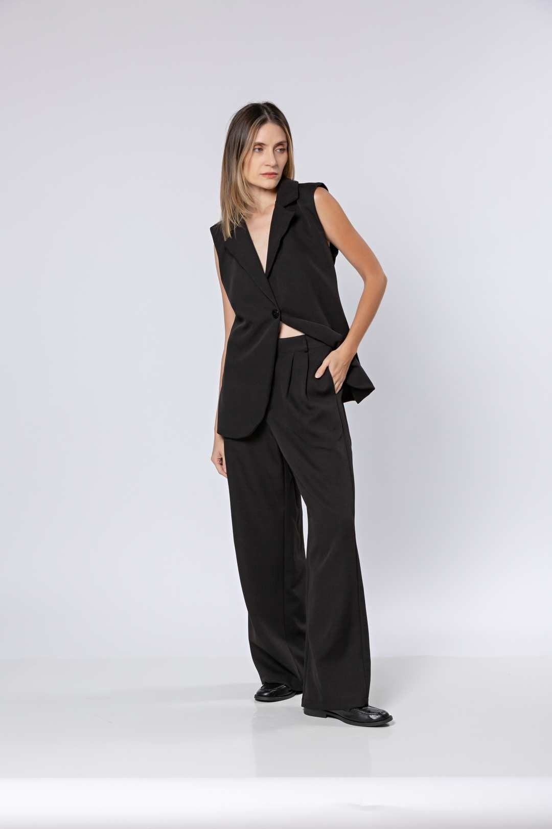Conj Calça Pantalona + Colete Alongado Preto