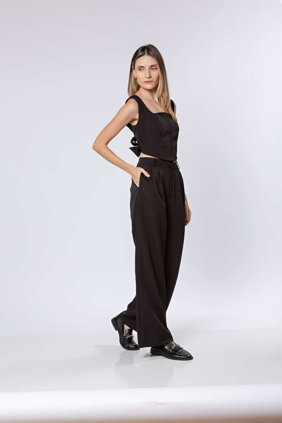 Conj Calça Pantalona + Cropped Preta