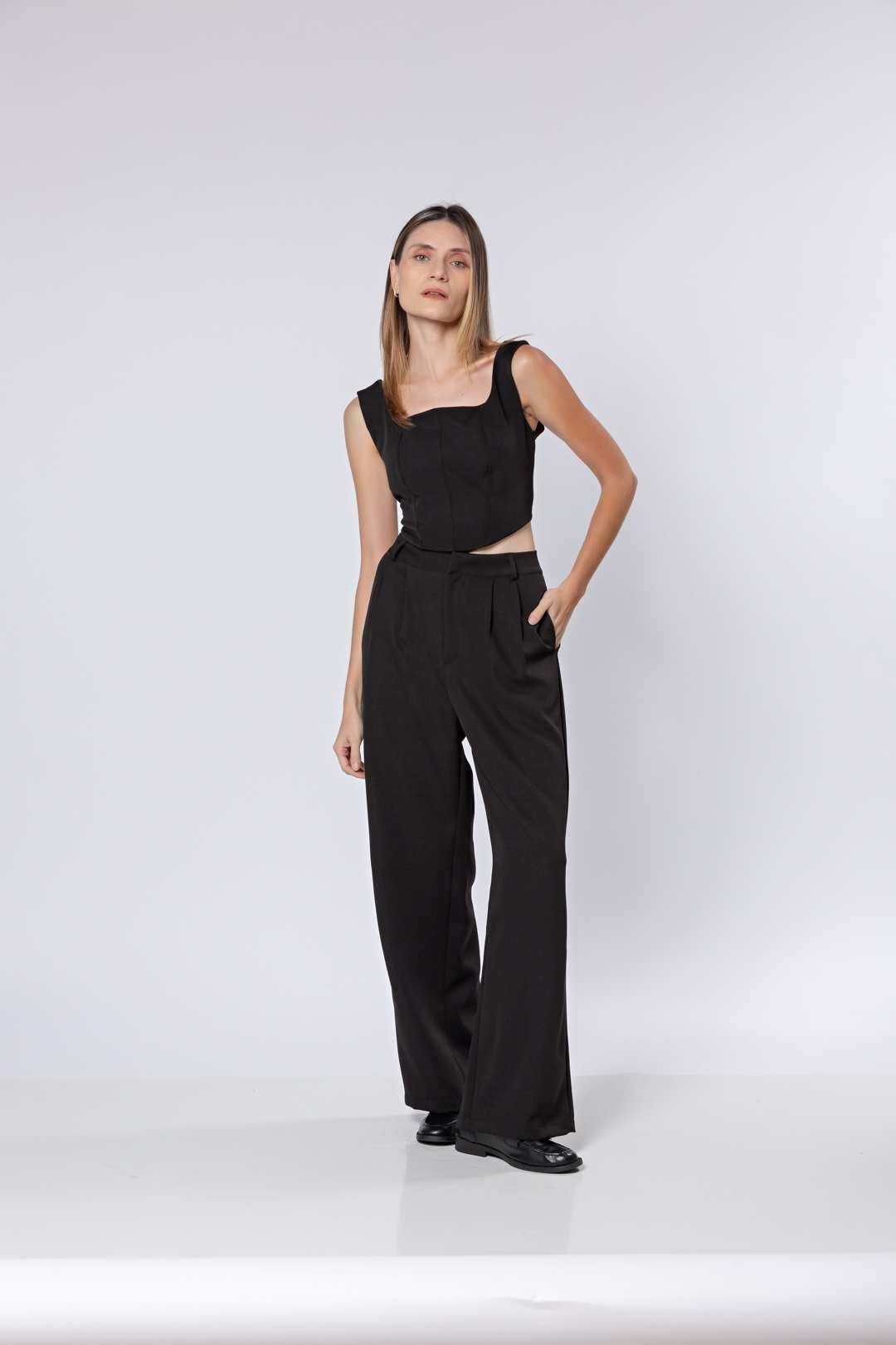 Conj Calça Pantalona + Cropped Preta