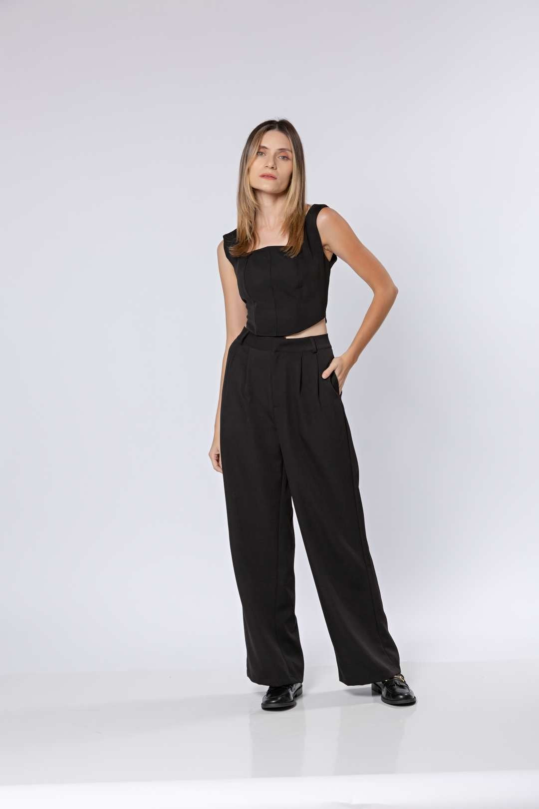 Conj Calça Pantalona + Cropped Preta