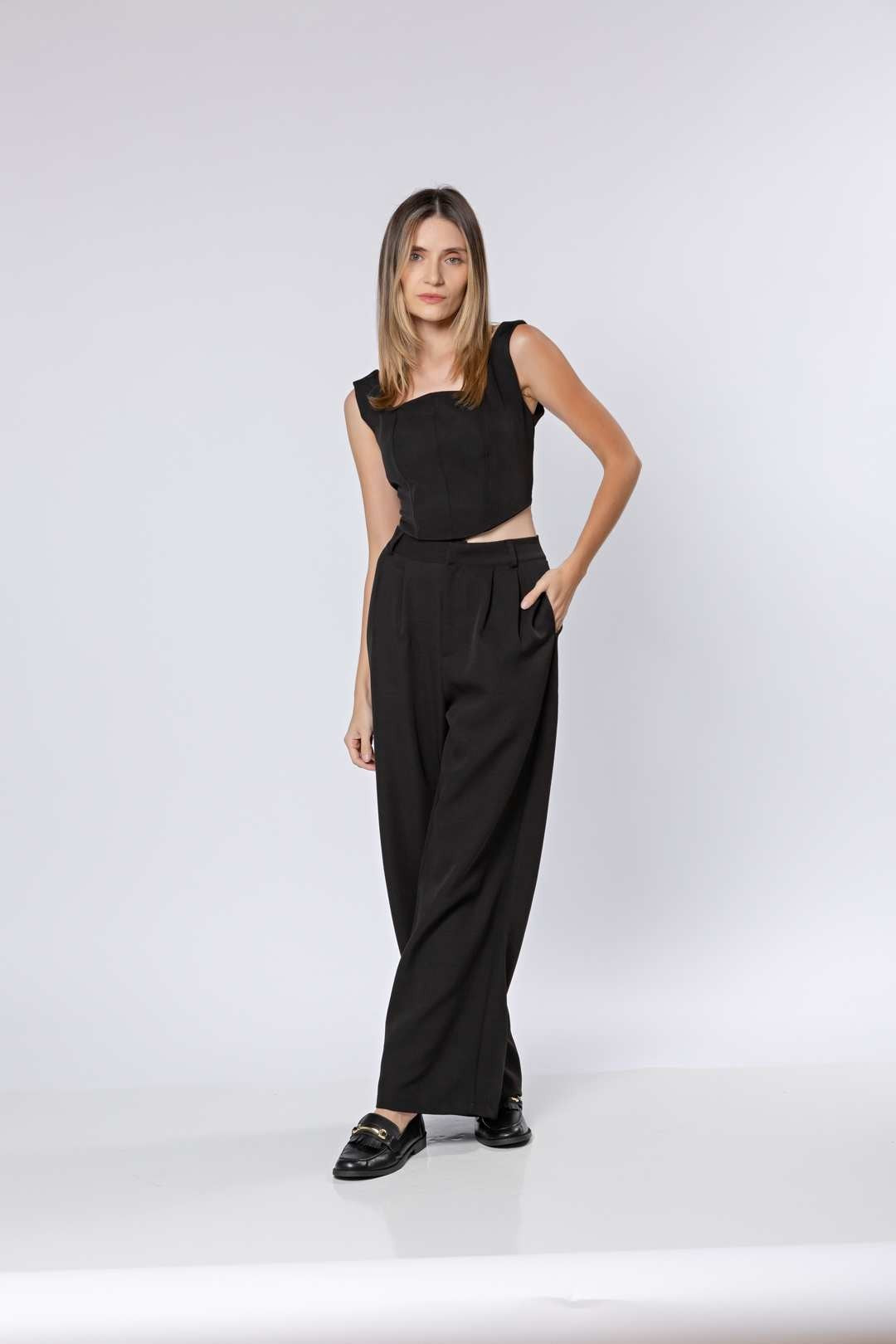 Conj Calça Pantalona + Cropped Preta