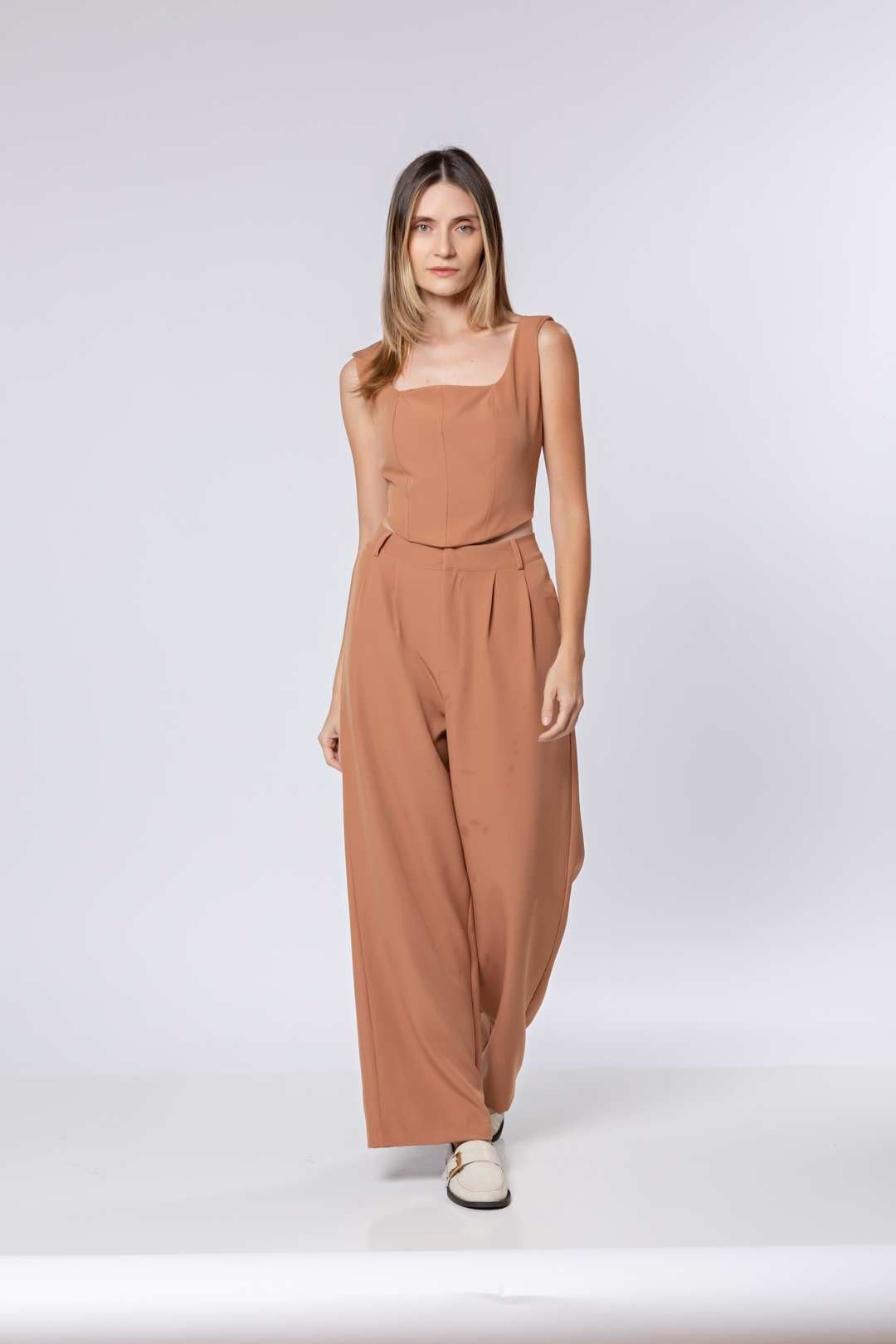 Conj Calça Pantalona + Cropped Nude