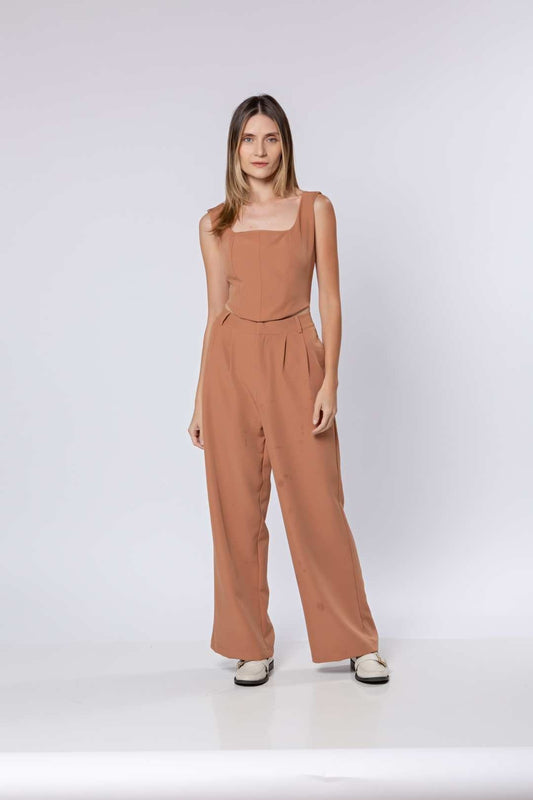 Conj Calça Pantalona + Cropped Nude