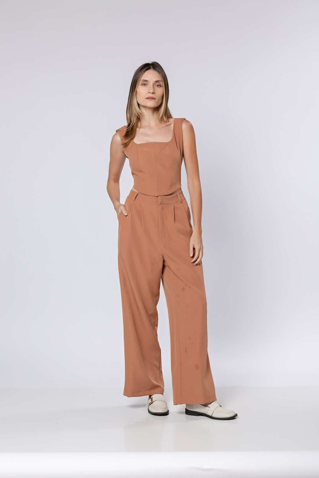 Conj Calça Pantalona + Cropped Nude