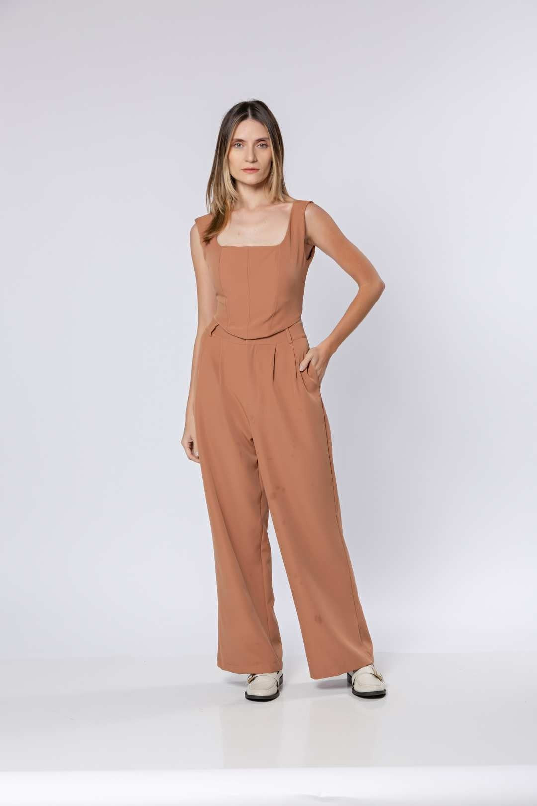 Conj Calça Pantalona + Cropped Nude