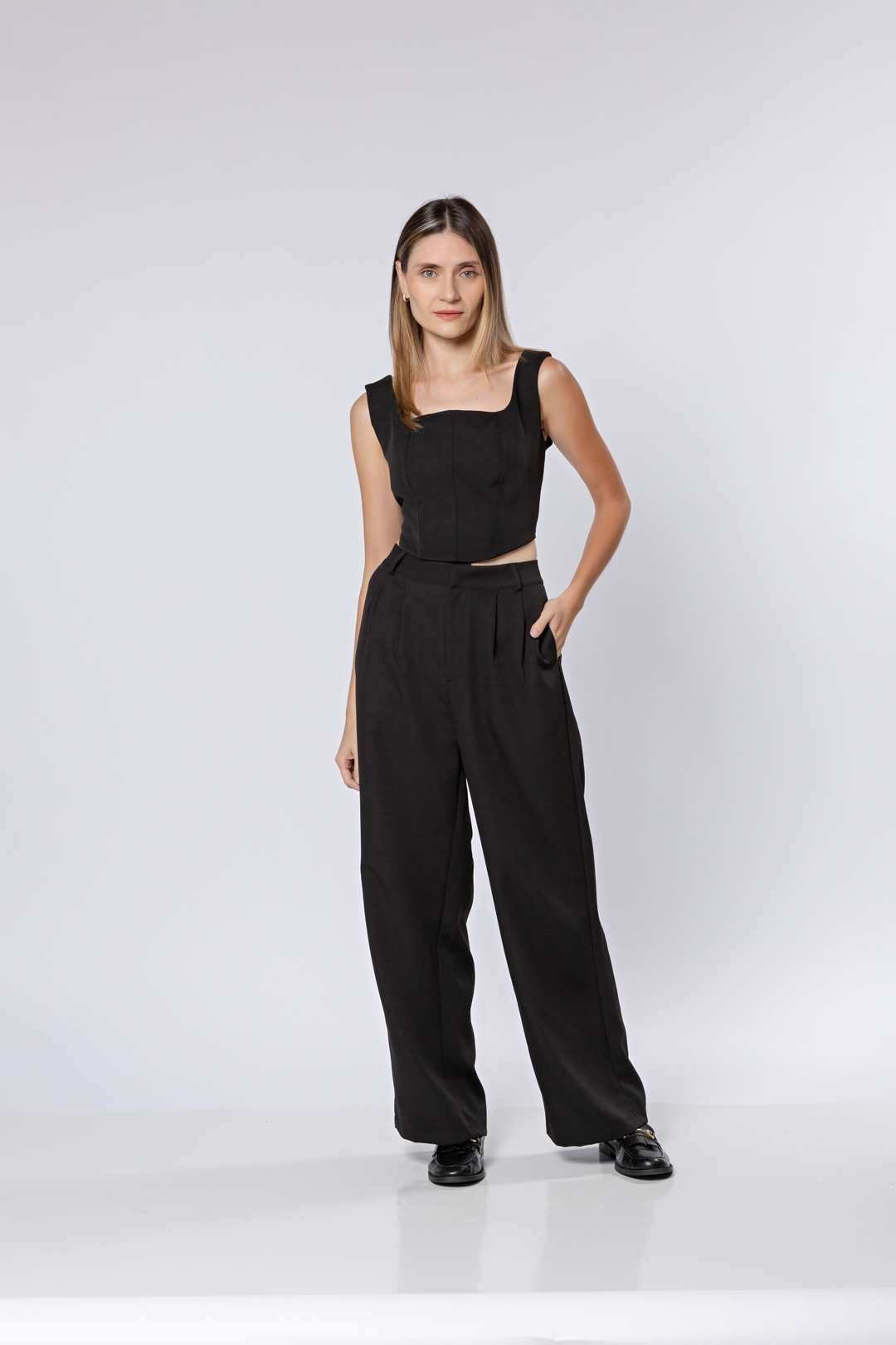 Conj Calça Pantalona + Cropped Preta